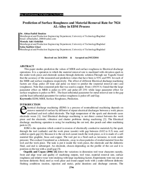 (PDF) Prediction of Surface Roughness and Material Removal Rate for ...