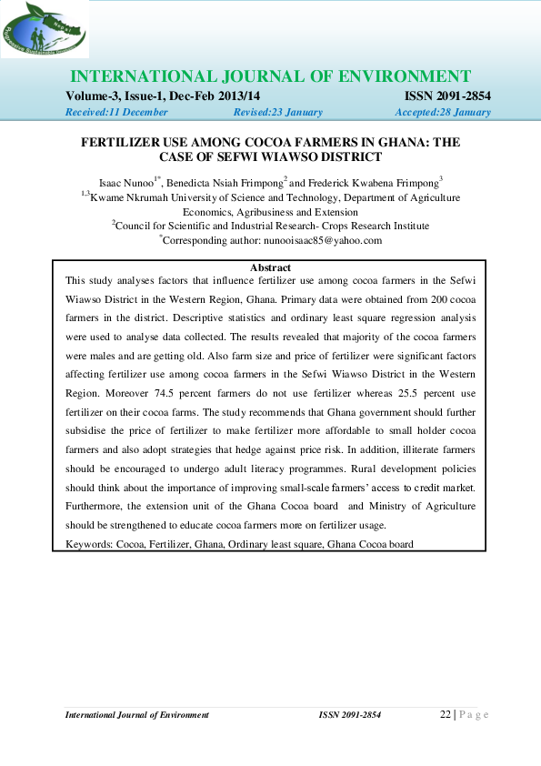 (PDF) Fertilizer use among cocoa farmers in Ghana the case of Sefwi