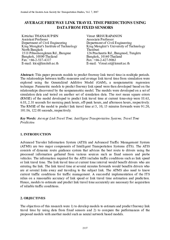 (PDF) Average Freeway Link Travel Time Predictions Using Data from ...