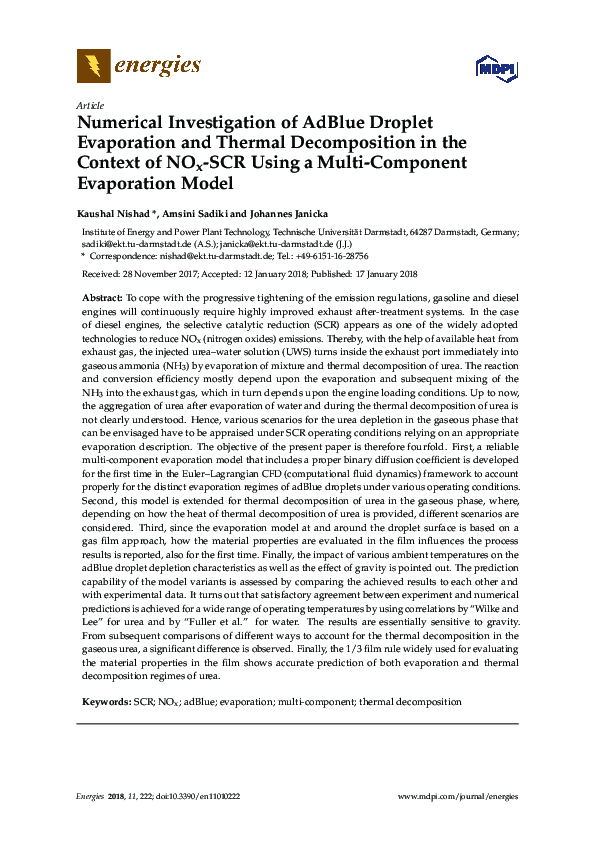 (PDF) Numerical Investigation of AdBlue Droplet Evaporation and Thermal ...