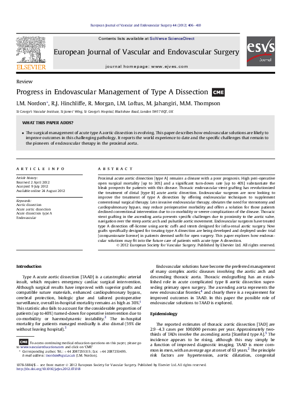 (PDF) Progress in Endovascular Management of Type A Dissection