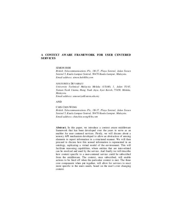 (PDF) A Context Aware Framework for User Centered Services