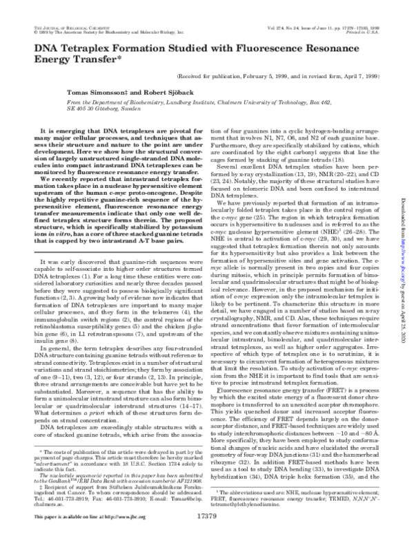 (PDF) DNA Tetraplex Formation Studied with Fluorescence Resonance ...