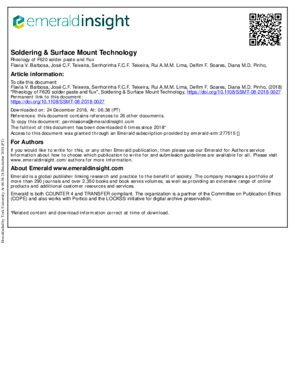 (PDF) Rheology of F620 solder paste and flux Senhorinha Teixeira