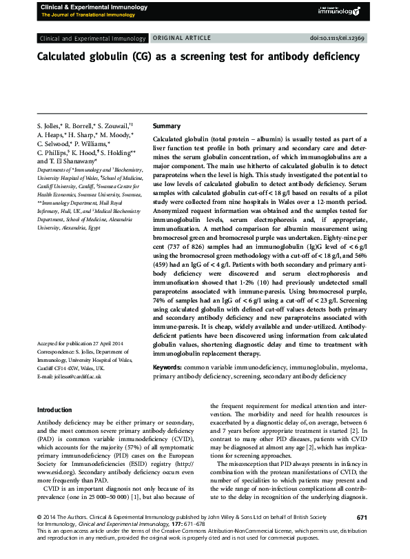 (PDF) Calculated globulin (CG) as a screening test for antibody deficiency