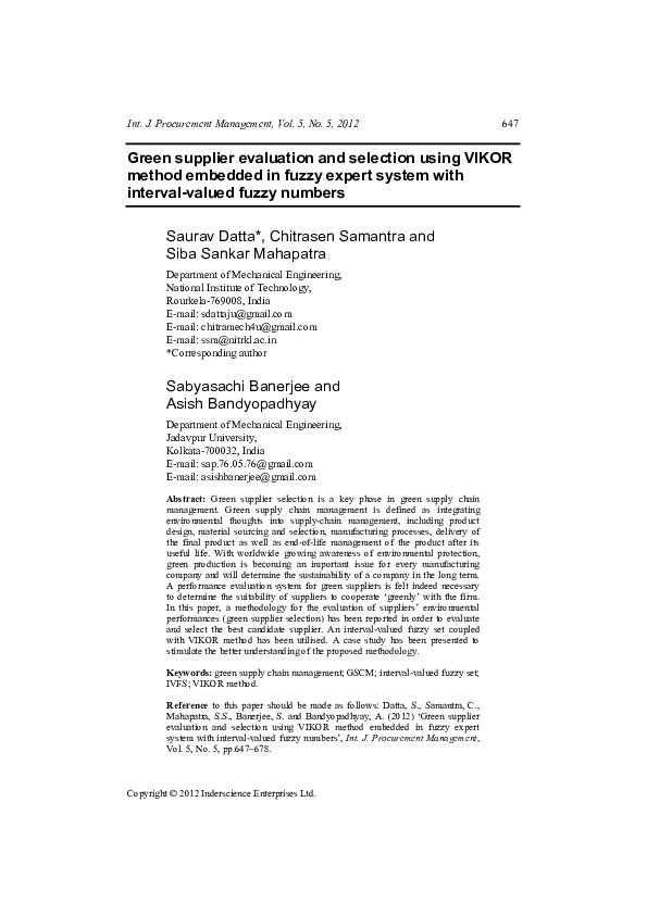(PDF) Green supplier evaluation and selection using VIKOR method ...