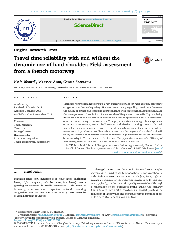 (PDF) Travel time reliability with and without the dynamic use of hard ...
