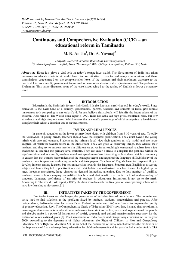 (PDF) Continuous and Comprehensive Evaluation (CCE) – an educational ...