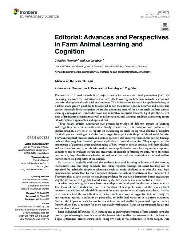 (PDF) Editorial: Advances and Perspectives in Farm Animal Learning and ...