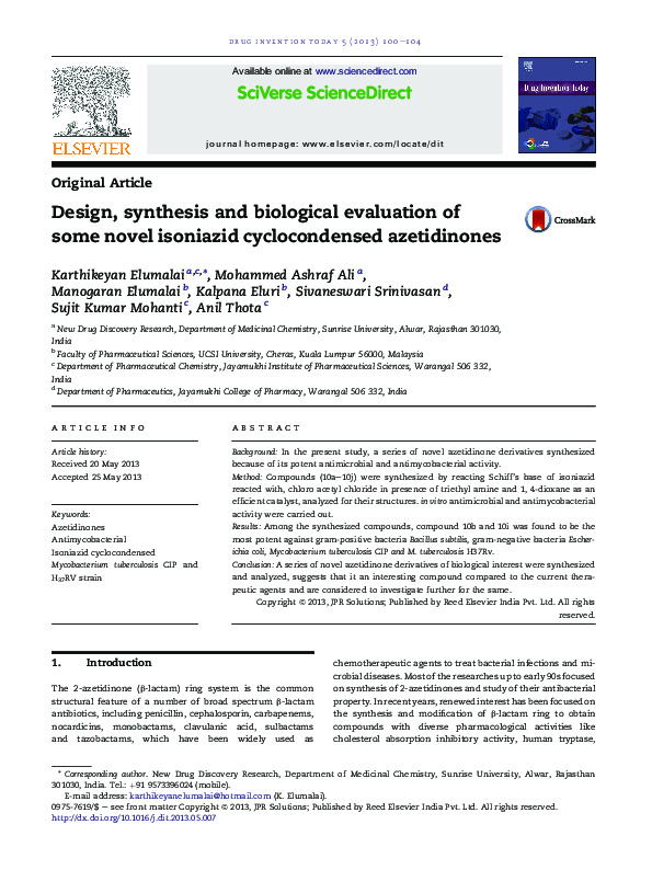 (PDF) Design, synthesis and biological evaluation of some novel ...