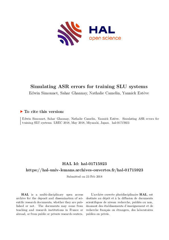 (PDF) Simulating ASR errors for training SLU systems Sahar Ghannay