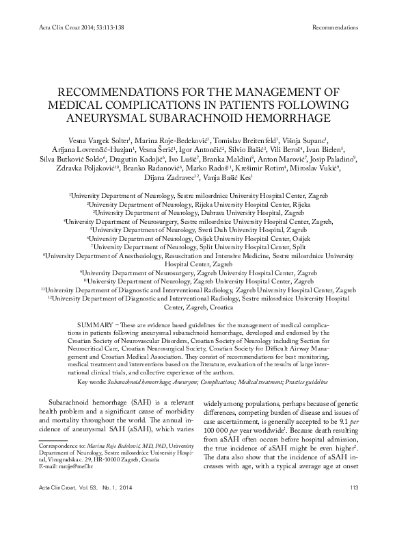 (PDF) General recommendations for the management of aneurysmal ...