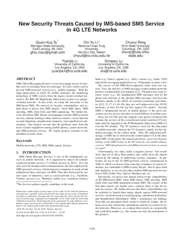 (PDF) New Security Threats Caused by IMS-based SMS Service in 4G LTE ...