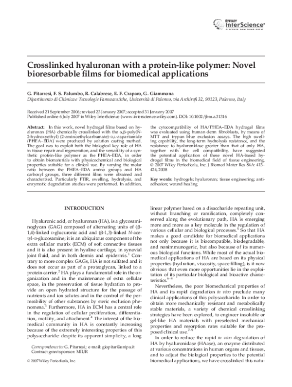 (PDF) Crosslinked hyaluronan with a protein-like polymer: Novel ...
