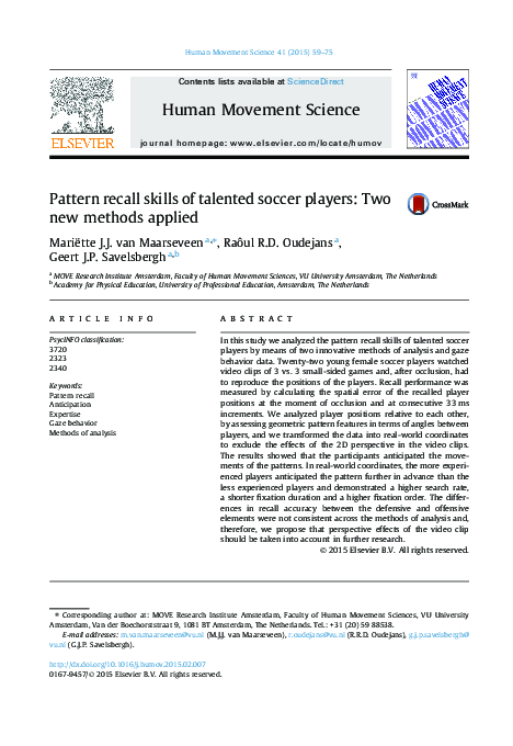 (PDF) Pattern recall skills of talented soccer players: Two new methods ...