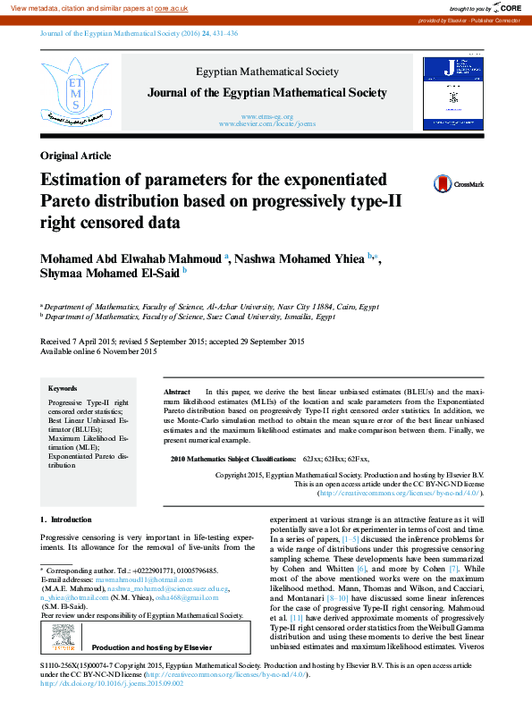 (PDF) Estimation of parameters for the exponentiated Pareto ...