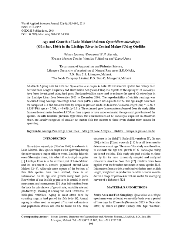 (PDF) Age and Growth of Lake Malawi Salmon Opsaridium microlepis ...