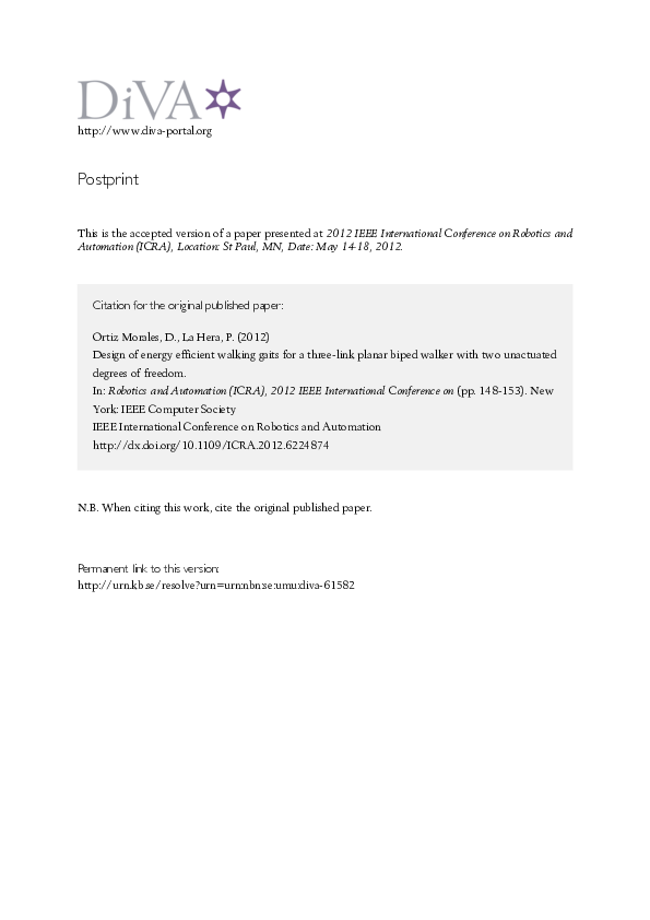 (PDF) Design of energy efficient walking gaits for a three-link planar ...