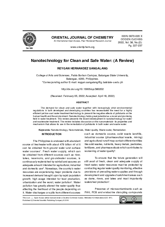 (PDF) Nanotechnology for Clean and Safe Water: (A Review)