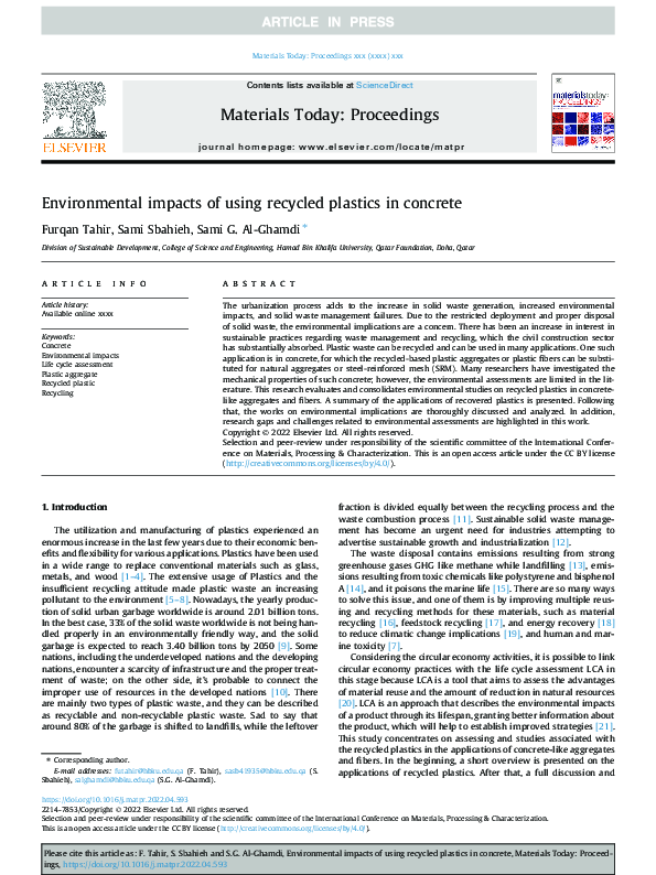 (PDF) Environmental impacts of using recycled plastics in concrete