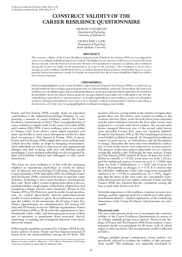 (PDF) Construct Validity Of The Career Resilience Questionnaire