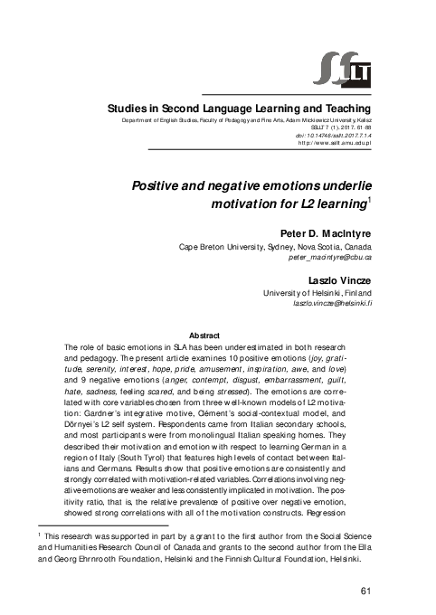 (PDF) Positive and negative emotions underlie motivation for L2 learning