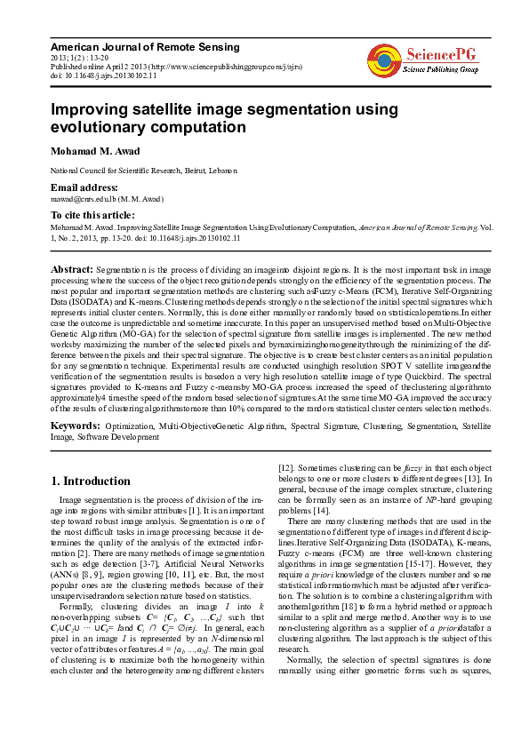 (PDF) Improving Satellite Image Segmentation Using Evolutionary Computation
