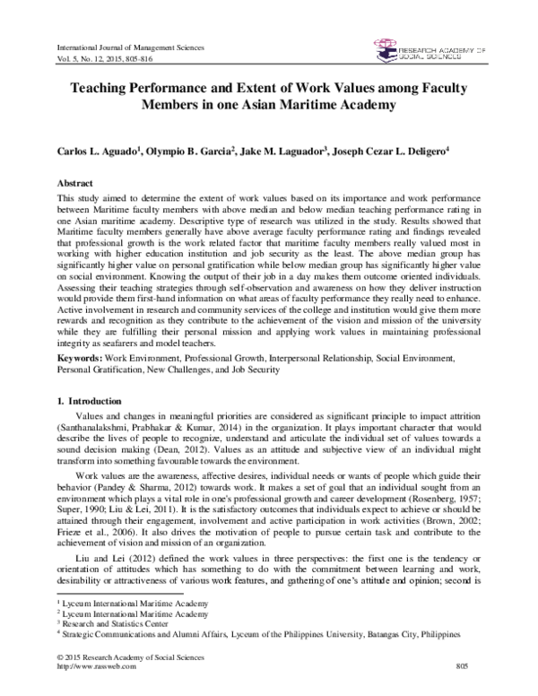(PDF) Teaching Performance and Extent of Work Values among Faculty ...