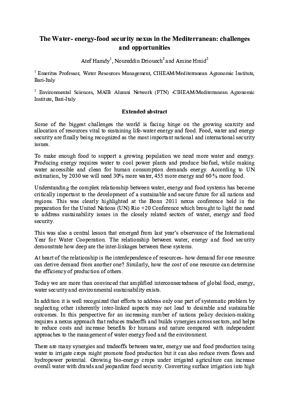 (PDF) The water - energy - food security nexus in the Mediterranean ...