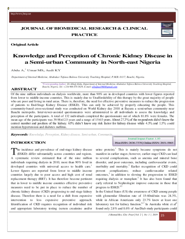 (PDF) Knowledge and Perception of Chronic Kidney Disease in a Semi ...