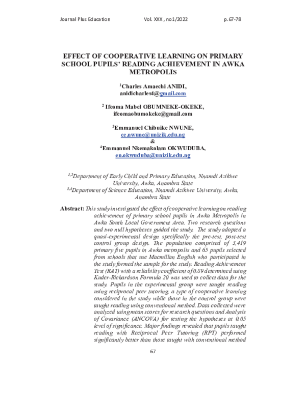 (PDF) EFFECT OF COOPERATIVE LEARNING ON PRIMARY SCHOOL PUPILS' READING ...