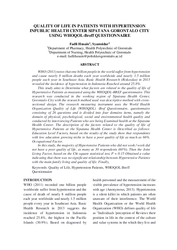 (PDF) QUALITY OF LIFE IN PATIENTS WITH HYPERTENSION INPUBLIC HEALTH ...