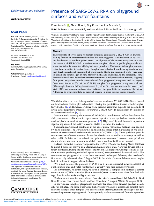 (PDF) Presence of SARS-CoV-2 RNA on playground surfaces and water fountains