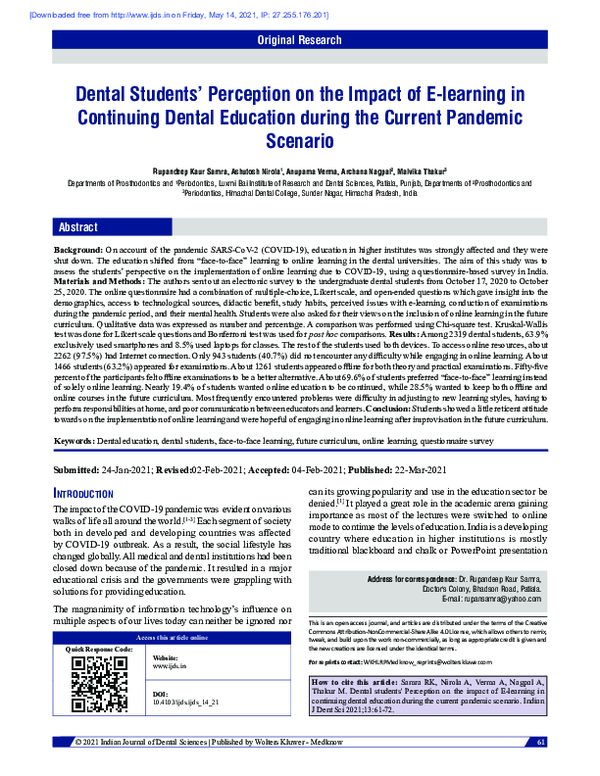 (PDF) Dental Students' Perception on the Impact of E-learning in ...