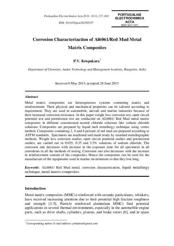(PDF) Corrosion Characterization of Al6061/Red Mud Metal Matrix Composites