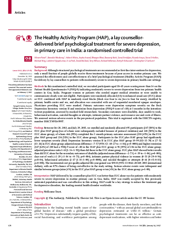 PDF) The Healthy Activity Program (HAP), a lay counsellor-delivered brief  psychological treatment for severe depression, in primary care in India: a  randomised controlled trial | Betty Kirkwood - Academia.edu