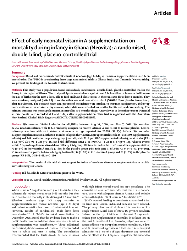 (PDF) Effect of early neonatal vitamin A supplementation on mortality ...