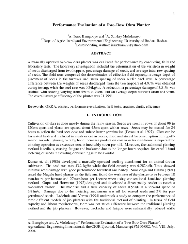 (PDF) 1 Performance Evaluation of a Two-Row Okra Planter