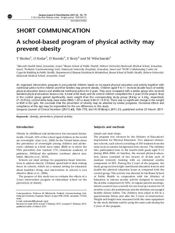 (PDF) A school-based program of physical activity may prevent obesity