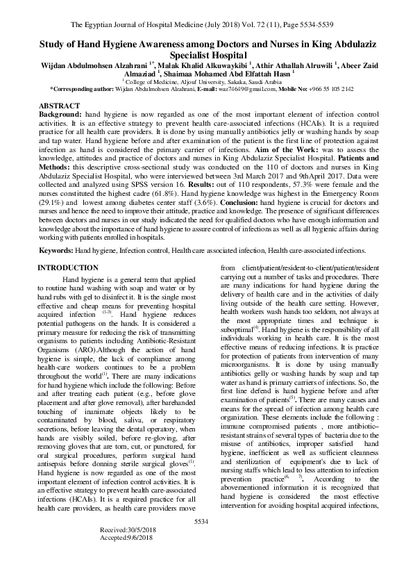 (PDF) Study of Hand Hygiene Awareness among Doctors and Nurses in King ...