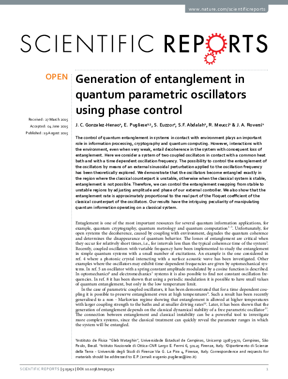 (PDF) Generation of entanglement in quantum parametric oscillators ...