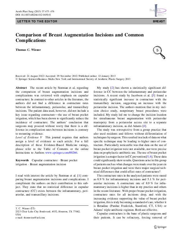 (PDF) Comparison of Breast Augmentation Incisions and Common Complications