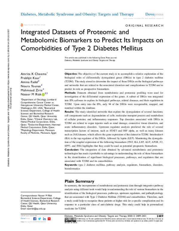 (PDF) Integrated Datasets of Proteomic and Metabolomic Biomarkers to ...