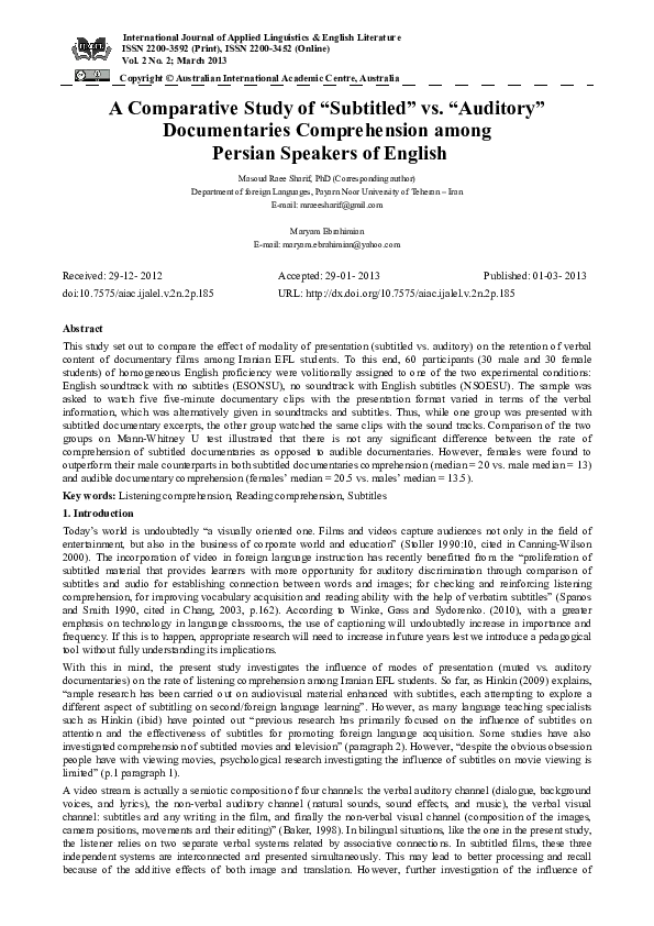 (PDF) A Comparative Study of “Subtitled” vs. “Auditory” Documentaries ...