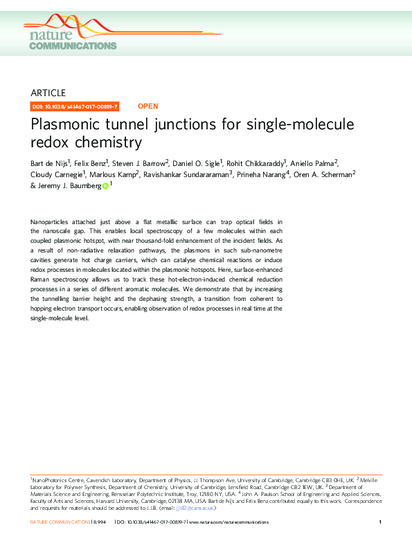 (PDF) Plasmonic tunnel junctions for singlemolecule redox chemistry Rohit Chikkaraddy
