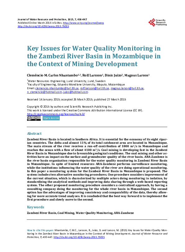 (PDF) Key Issues for Water Quality Monitoring in the Zambezi River ...