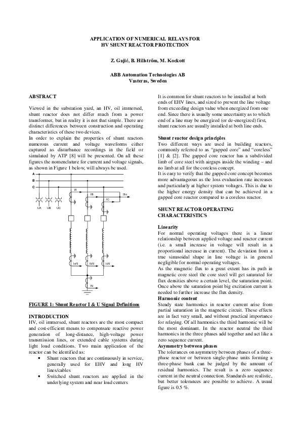 (PDF) Application of numerical relays for HV shunt reactor protection Zoran Gajic Academia.edu