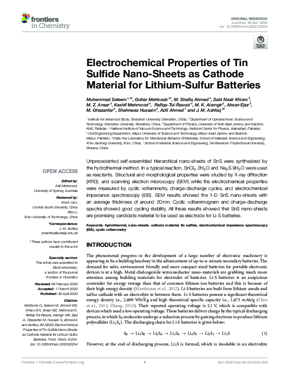 (PDF) Electrochemical Properties of Tin Sulfide NanoSheets as Cathode