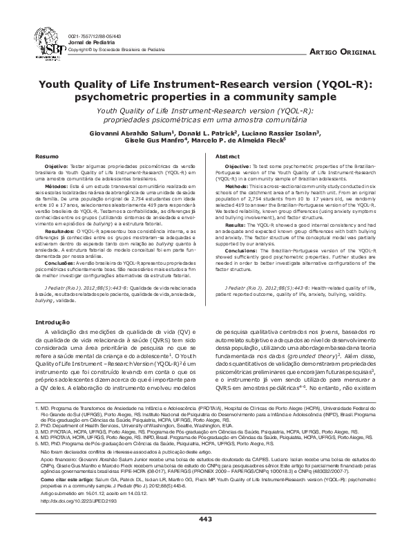 (PDF) Youth Quality of Life Instrument-Research version (YQOL-R ...