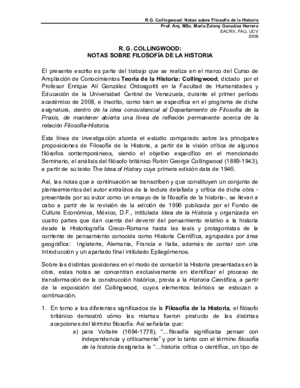 (PDF) R. G. Collingwood Notas sobre Filosofía de la Historia María